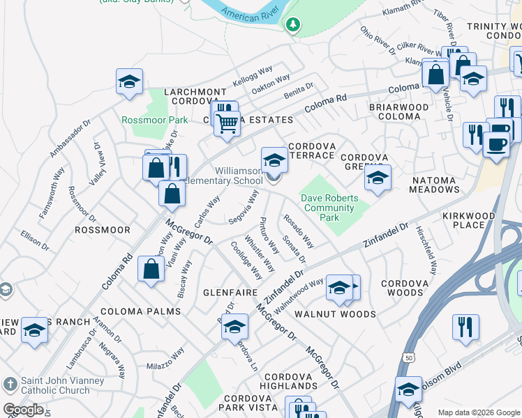 map of restaurants, bars, coffee shops, grocery stores, and more near 10766 Segovia Way in Rancho Cordova