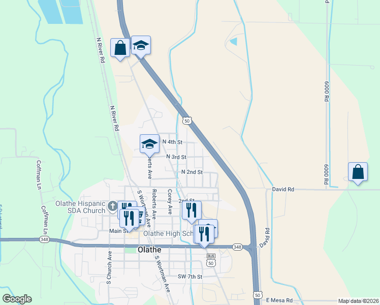 map of restaurants, bars, coffee shops, grocery stores, and more near 302 North Allison Avenue in Olathe