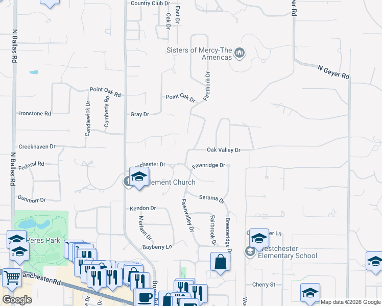 map of restaurants, bars, coffee shops, grocery stores, and more near 790 Oak Valley Drive in Des Peres