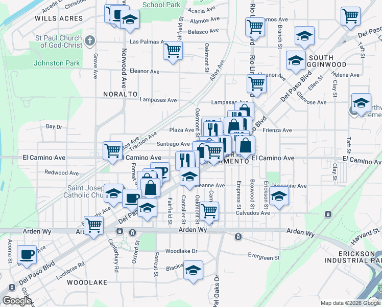 map of restaurants, bars, coffee shops, grocery stores, and more near 663 El Camino Avenue in Sacramento