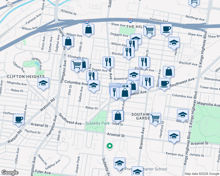 map of restaurants, bars, coffee shops, grocery stores, and more near 5504 Columbia Avenue in St. Louis