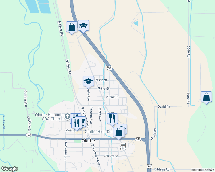 map of restaurants, bars, coffee shops, grocery stores, and more near 302 North Allison Avenue in Olathe