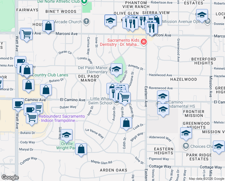 map of restaurants, bars, coffee shops, grocery stores, and more near 2551 Avalon Drive in Sacramento