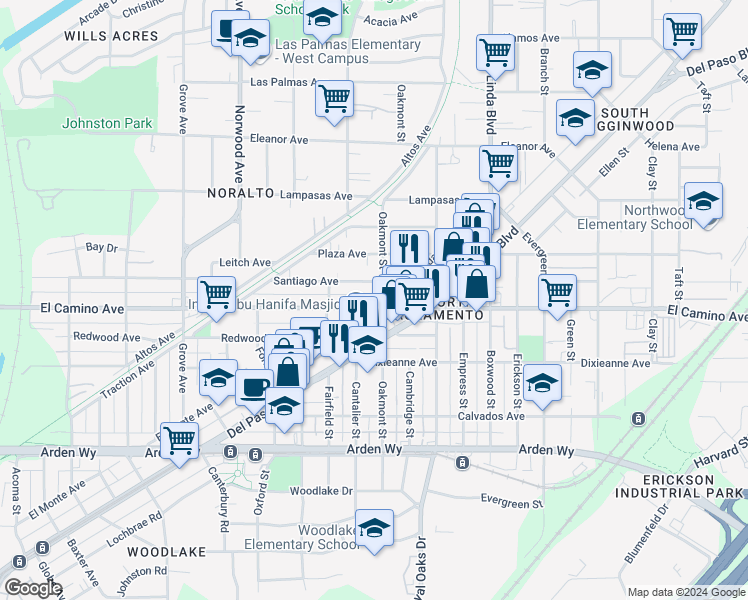 map of restaurants, bars, coffee shops, grocery stores, and more near 2439 Rio Linda Boulevard in Sacramento