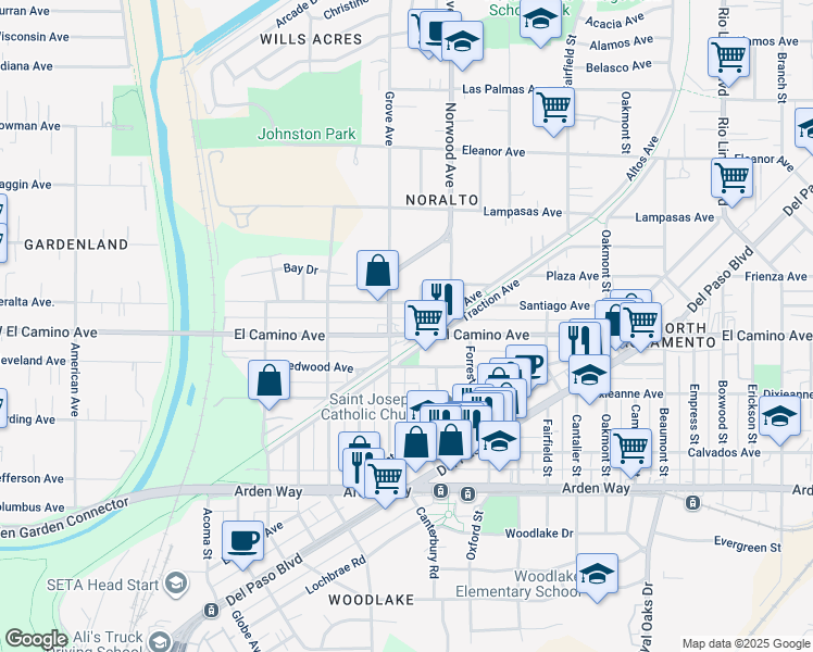map of restaurants, bars, coffee shops, grocery stores, and more near 2500 Hawthorne Street in Sacramento