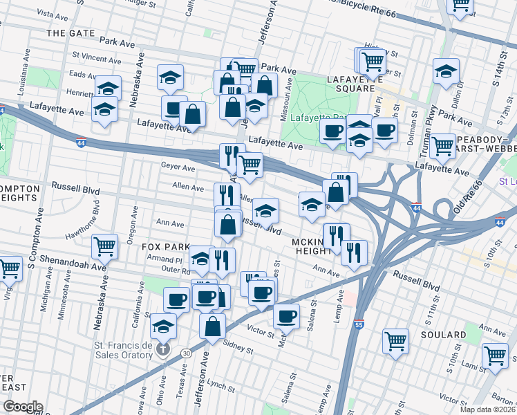 map of restaurants, bars, coffee shops, grocery stores, and more near 2316 Allen Avenue in St. Louis