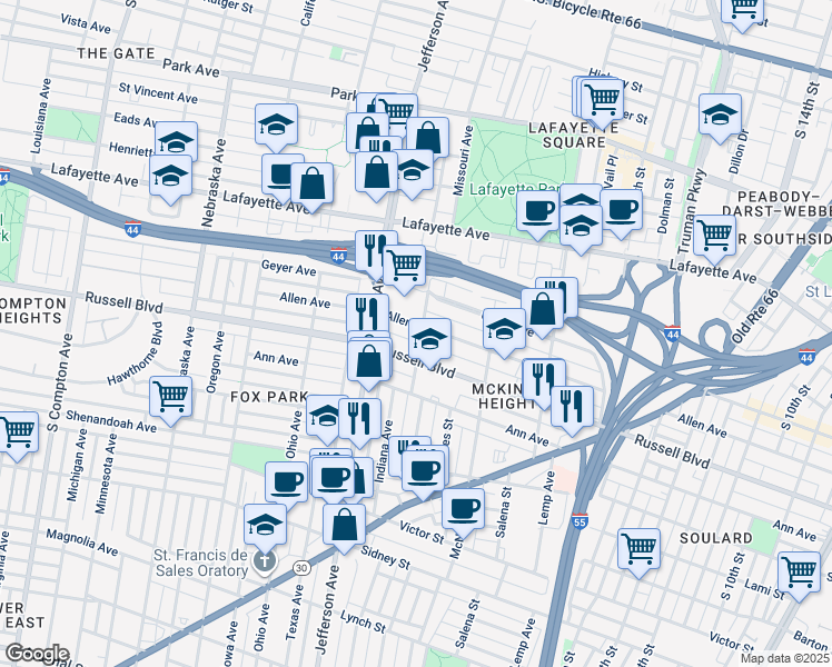 map of restaurants, bars, coffee shops, grocery stores, and more near 2316 Allen Avenue in St. Louis