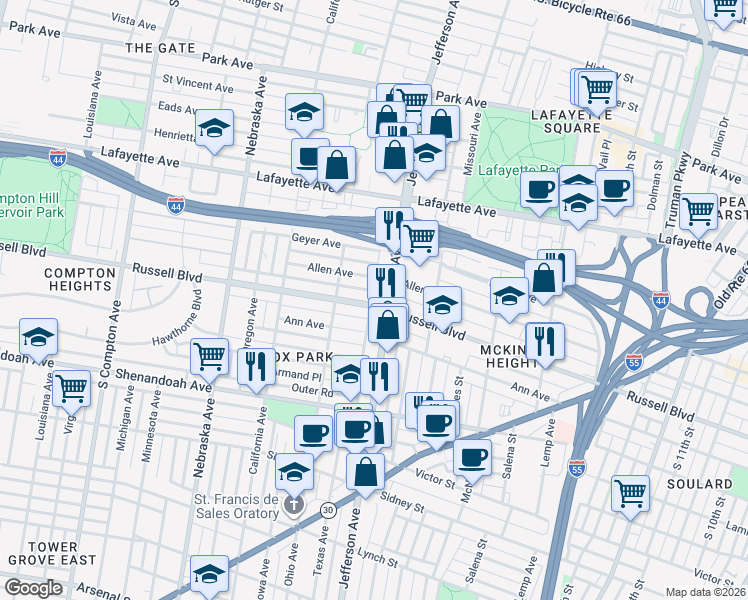 map of restaurants, bars, coffee shops, grocery stores, and more near 2019 South Jefferson Avenue in St. Louis