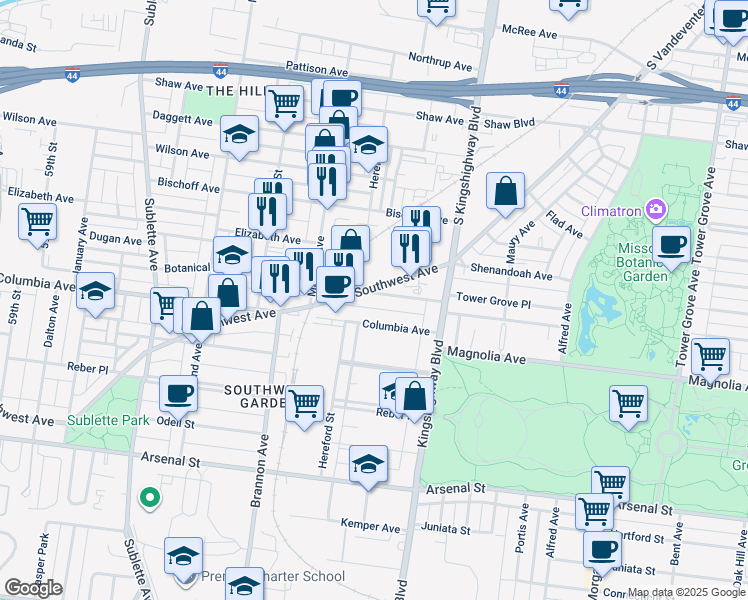 map of restaurants, bars, coffee shops, grocery stores, and more near 4996 Botanical Avenue in St. Louis