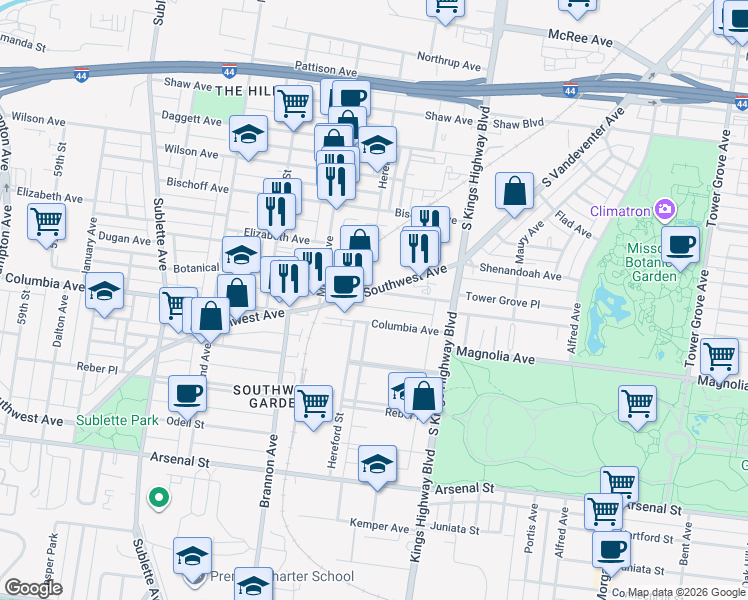 map of restaurants, bars, coffee shops, grocery stores, and more near 4996 Botanical Avenue in St. Louis
