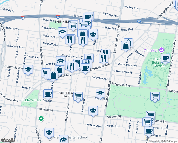 map of restaurants, bars, coffee shops, grocery stores, and more near 4996 Botanical Avenue in St. Louis