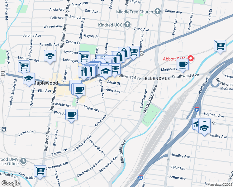 map of restaurants, bars, coffee shops, grocery stores, and more near 7230 Anna Avenue in Maplewood
