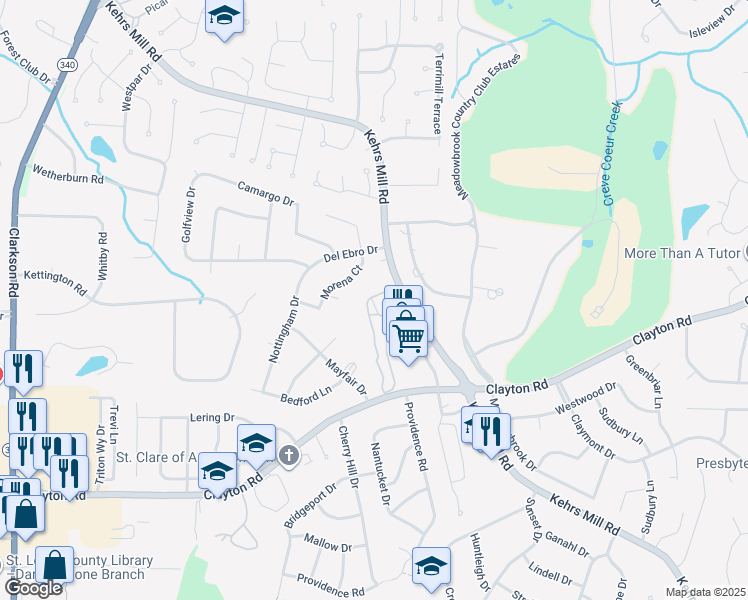 map of restaurants, bars, coffee shops, grocery stores, and more near 922 Claytonbrook Drive in Ballwin