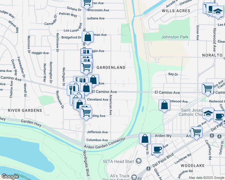 map of restaurants, bars, coffee shops, grocery stores, and more near 371 West El Camino Avenue in Sacramento