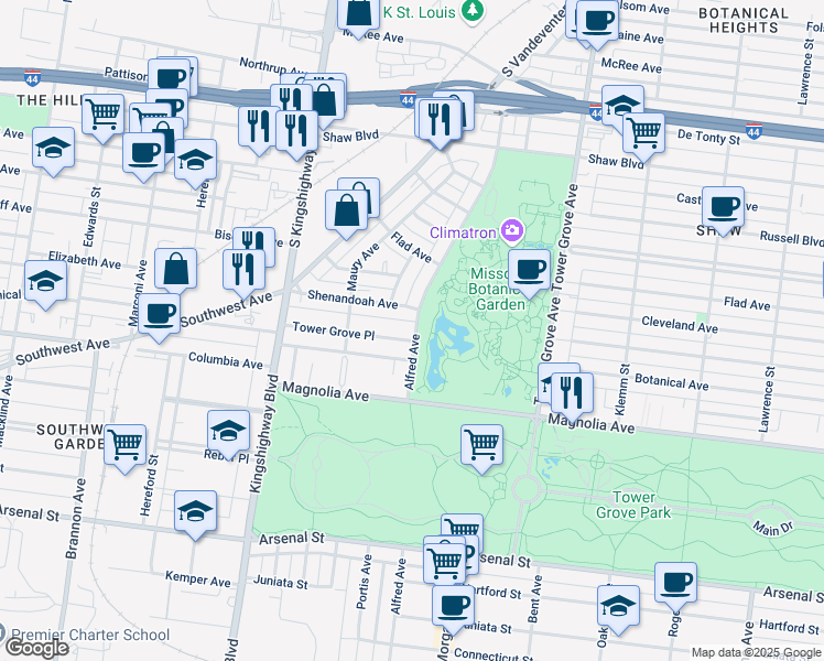 map of restaurants, bars, coffee shops, grocery stores, and more near 4501 Tower Grove Place in St. Louis