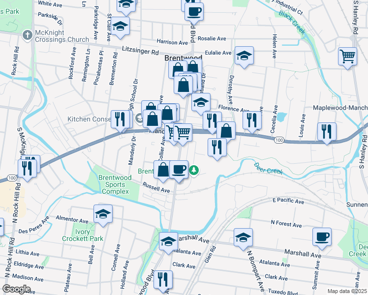 map of restaurants, bars, coffee shops, grocery stores, and more near 2732 South Brentwood Boulevard in Brentwood