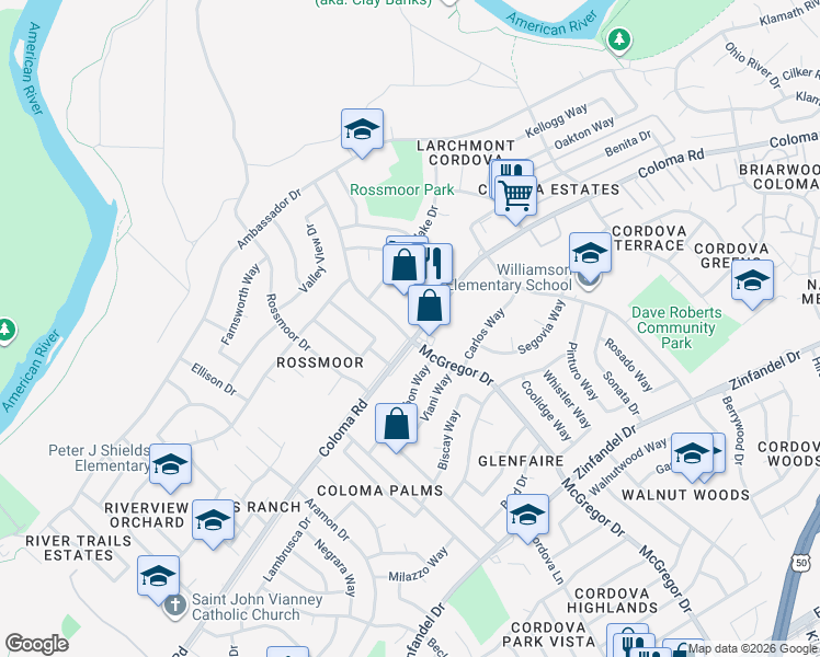 map of restaurants, bars, coffee shops, grocery stores, and more near 10655 Coloma Road in Rancho Cordova