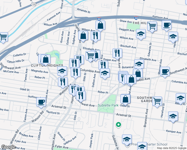 map of restaurants, bars, coffee shops, grocery stores, and more near 2615 Dalton Avenue in St. Louis