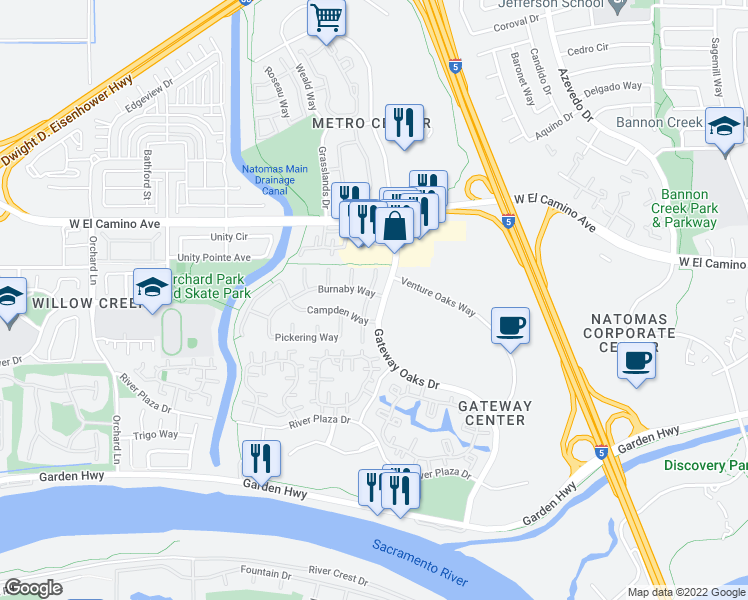 map of restaurants, bars, coffee shops, grocery stores, and more near 2524 Arbury Street in Sacramento