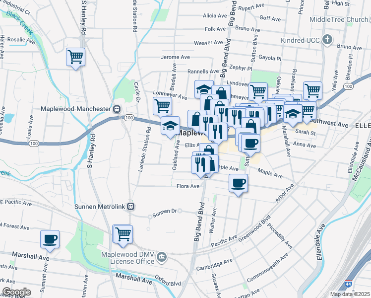 map of restaurants, bars, coffee shops, grocery stores, and more near 7556 Ellis Ave in St Louis