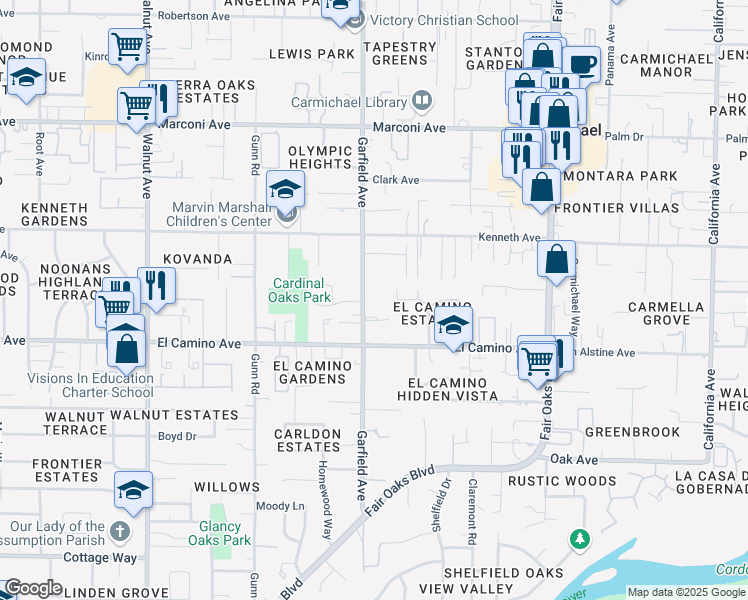 map of restaurants, bars, coffee shops, grocery stores, and more near 2544 Garfield Avenue in Carmichael