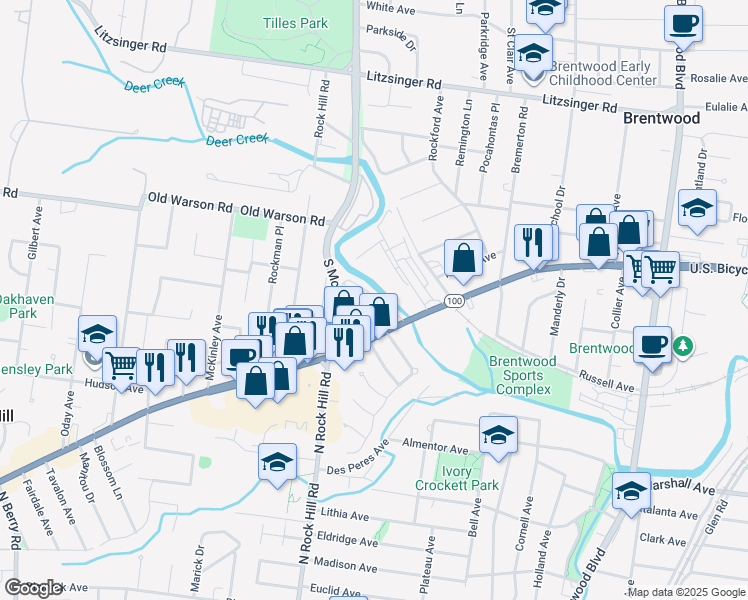 map of restaurants, bars, coffee shops, grocery stores, and more near 1028 Raritan Drive in St. Louis