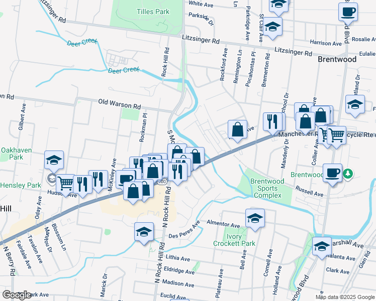map of restaurants, bars, coffee shops, grocery stores, and more near 1036 Raritan Drive in St. Louis