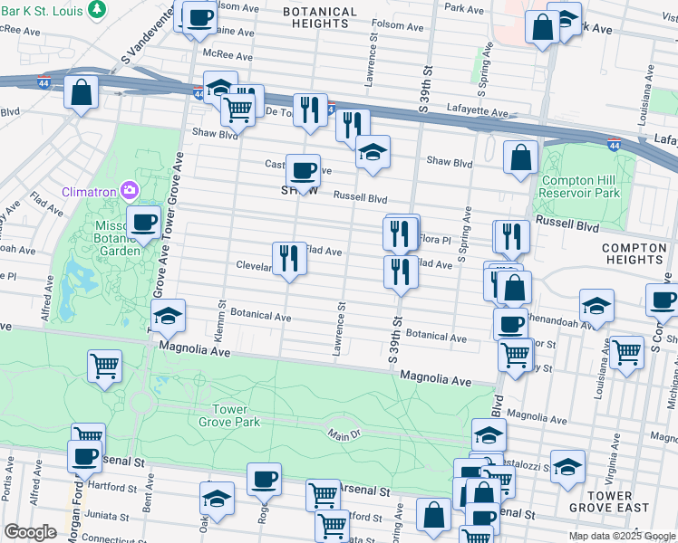 map of restaurants, bars, coffee shops, grocery stores, and more near 4007 Cleveland Avenue in St. Louis