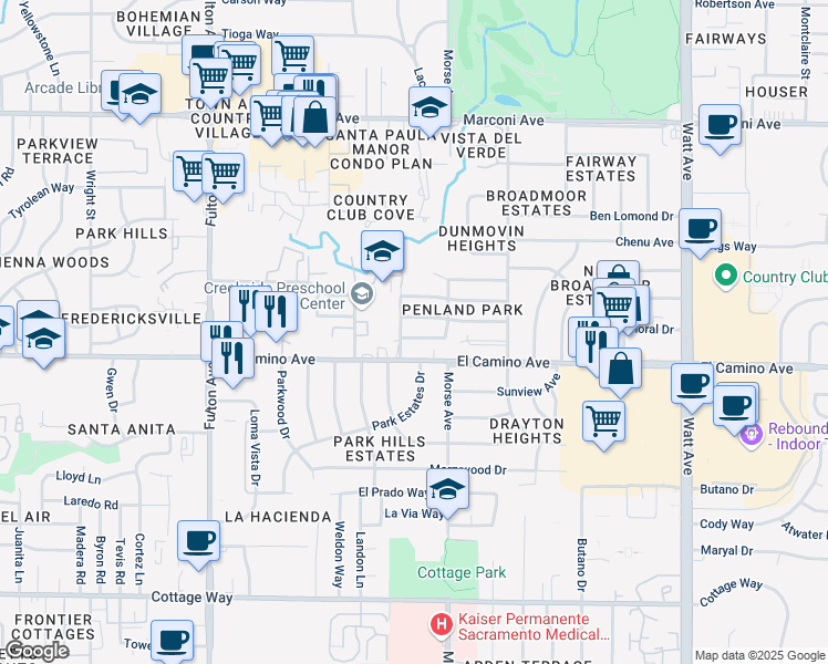 map of restaurants, bars, coffee shops, grocery stores, and more near 3005 Jonalan Drive in Sacramento
