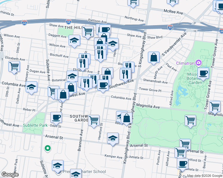 map of restaurants, bars, coffee shops, grocery stores, and more near 4996 Botanical Avenue in St. Louis