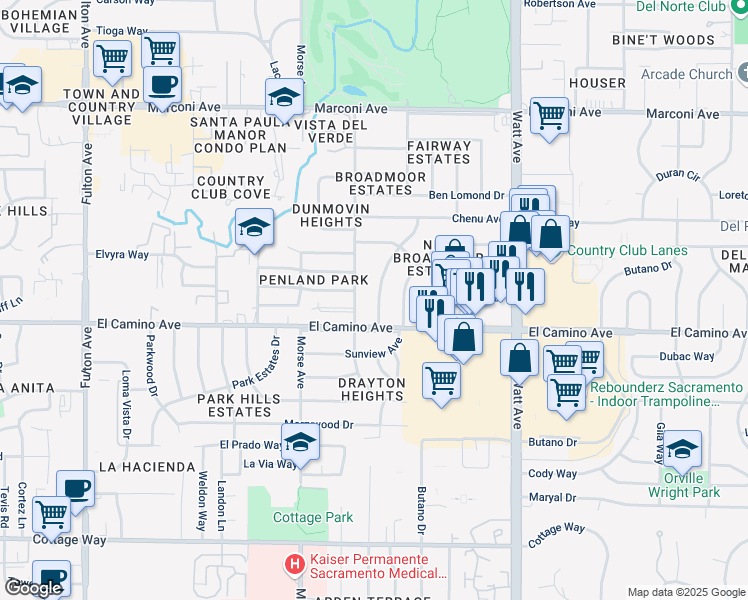 map of restaurants, bars, coffee shops, grocery stores, and more near 2519 Castlewood Drive in Sacramento