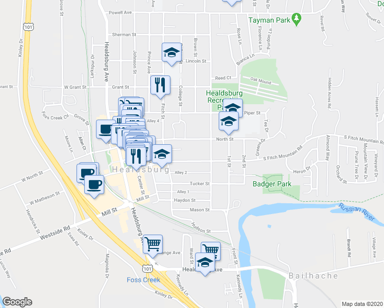 map of restaurants, bars, coffee shops, grocery stores, and more near 401 Matheson Street in Healdsburg