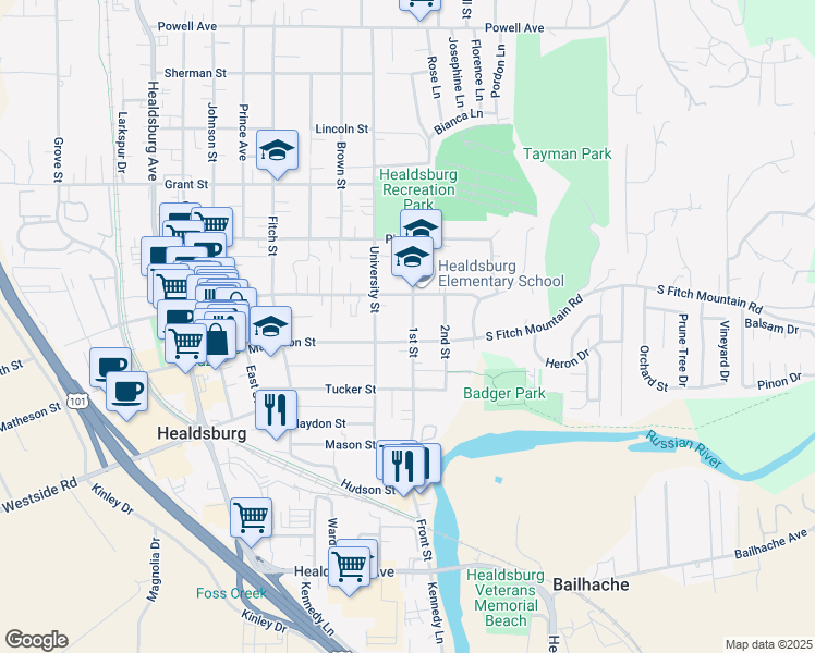 map of restaurants, bars, coffee shops, grocery stores, and more near 311 1st St in Healdsburg