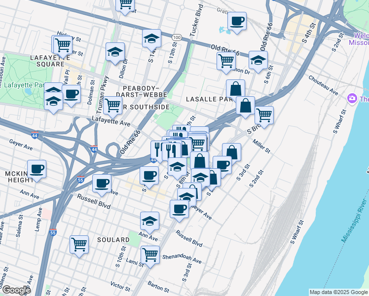 map of restaurants, bars, coffee shops, grocery stores, and more near 1611 South 9th Street in St. Louis