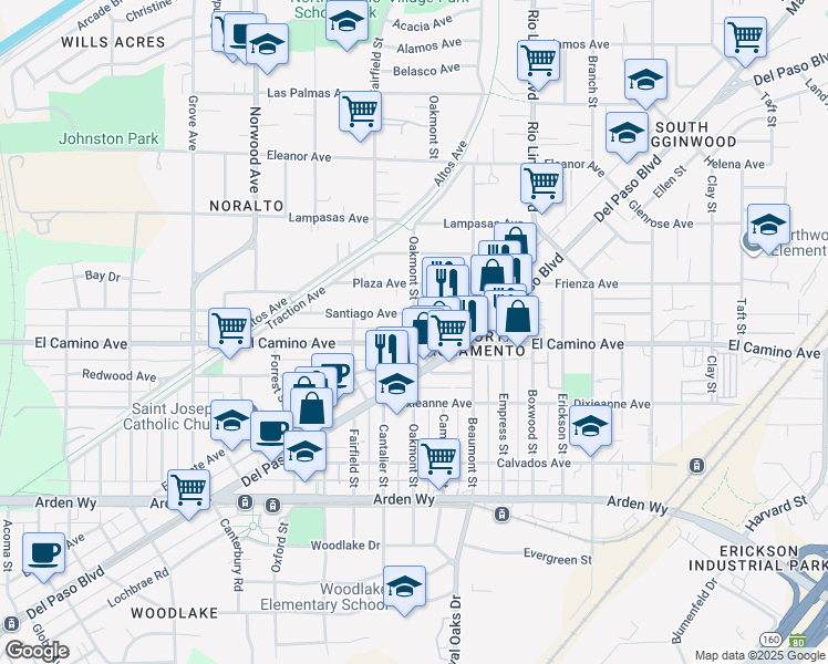 map of restaurants, bars, coffee shops, grocery stores, and more near 2439 Rio Linda Boulevard in Sacramento