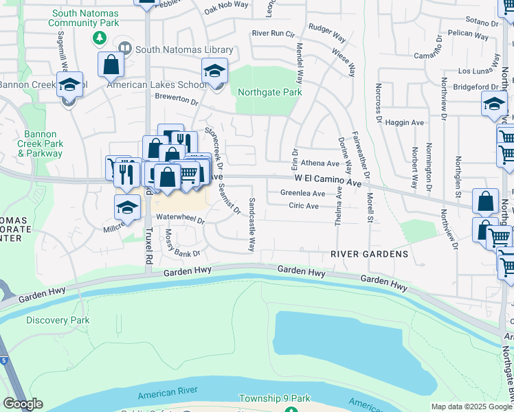 map of restaurants, bars, coffee shops, grocery stores, and more near 2207 Sandcastle Way in Sacramento