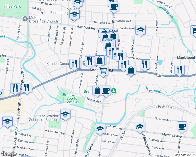 map of restaurants, bars, coffee shops, grocery stores, and more near 8820 Manchester Road in Brentwood