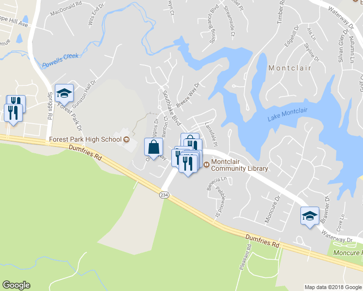 map of restaurants, bars, coffee shops, grocery stores, and more near 15725 Marbury Heights Way in Dumfries