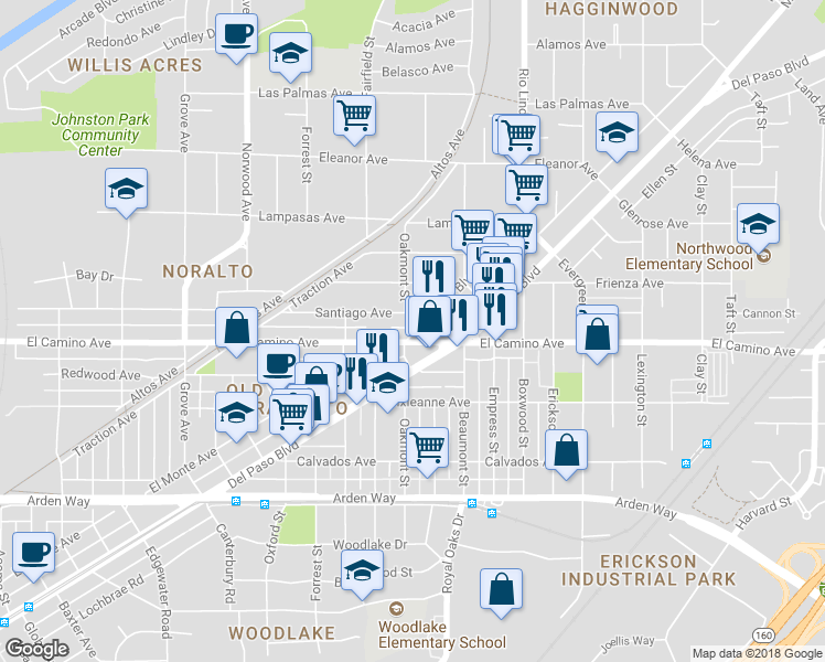 map of restaurants, bars, coffee shops, grocery stores, and more near 2439 Rio Linda Boulevard in Sacramento