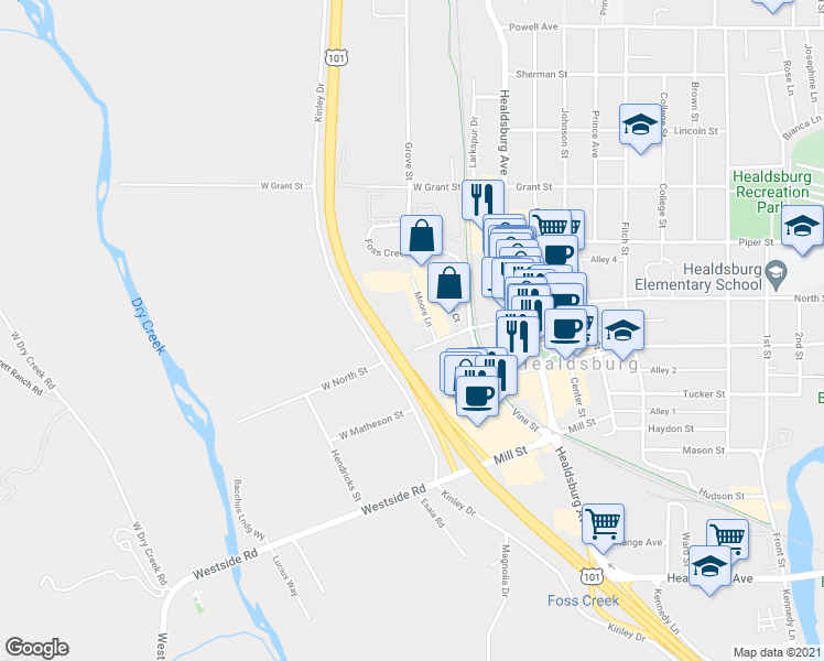 map of restaurants, bars, coffee shops, grocery stores, and more near 117 West North Street in Healdsburg