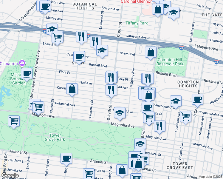 map of restaurants, bars, coffee shops, grocery stores, and more near 2213 South 39th Street in St. Louis