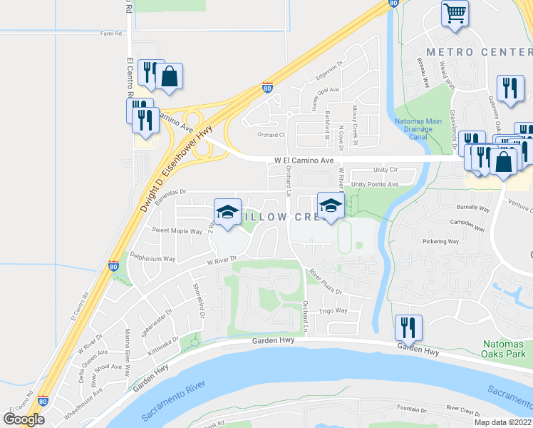map of restaurants, bars, coffee shops, grocery stores, and more near 3111 2 Rivers Drive in Sacramento
