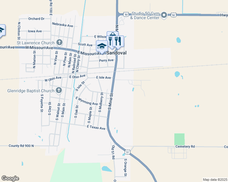 map of restaurants, bars, coffee shops, grocery stores, and more near 122 South Mine Street in Sandoval