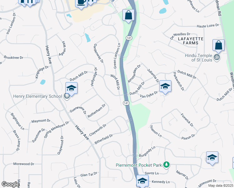 map of restaurants, bars, coffee shops, grocery stores, and more near 923 Dutch Mill Drive in Ballwin