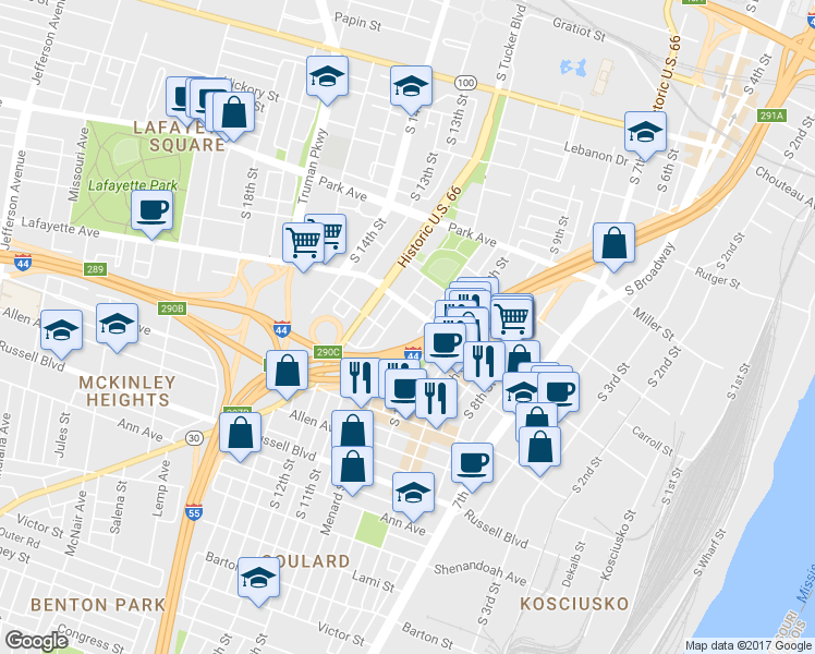 map of restaurants, bars, coffee shops, grocery stores, and more near 1700 South 11th Street in St. Louis