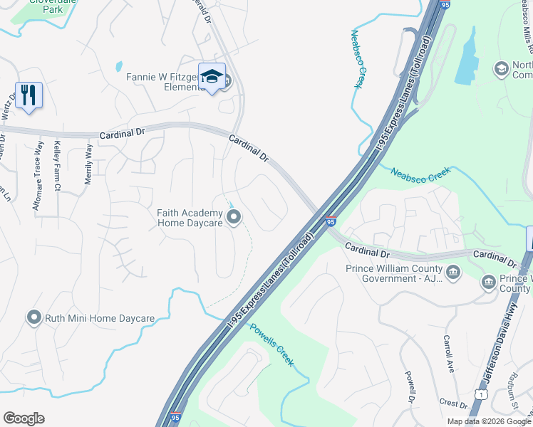 map of restaurants, bars, coffee shops, grocery stores, and more near 15718 Birdsong Court in Woodbridge