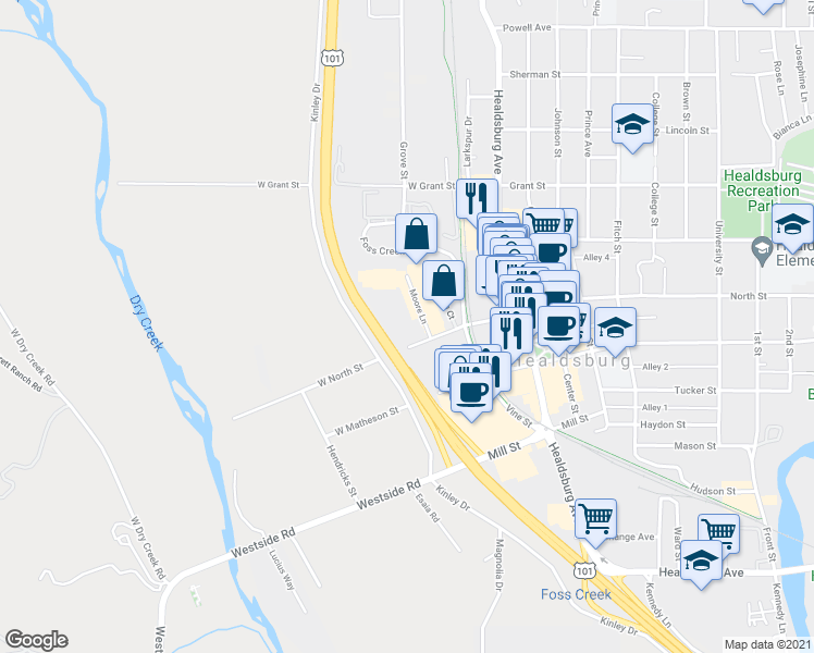 map of restaurants, bars, coffee shops, grocery stores, and more near 117 West North Street in Healdsburg