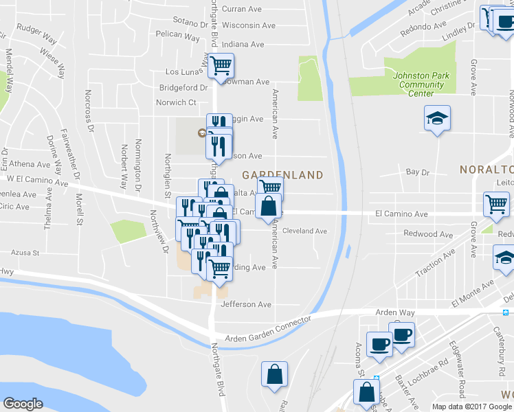 map of restaurants, bars, coffee shops, grocery stores, and more near 435 West El Camino Avenue in Sacramento
