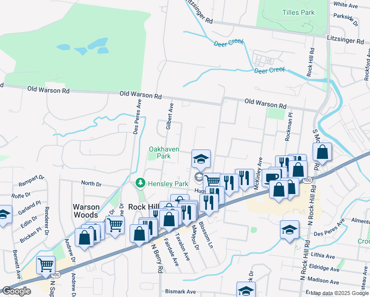 map of restaurants, bars, coffee shops, grocery stores, and more near 9835 Oak Haven Avenue in St. Louis