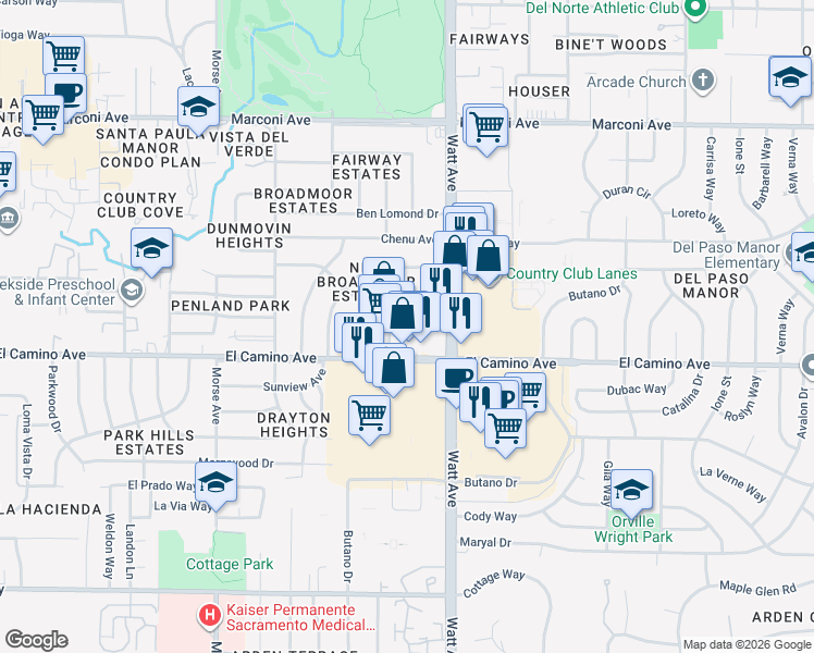 map of restaurants, bars, coffee shops, grocery stores, and more near 3428 Balmoral Drive in Sacramento
